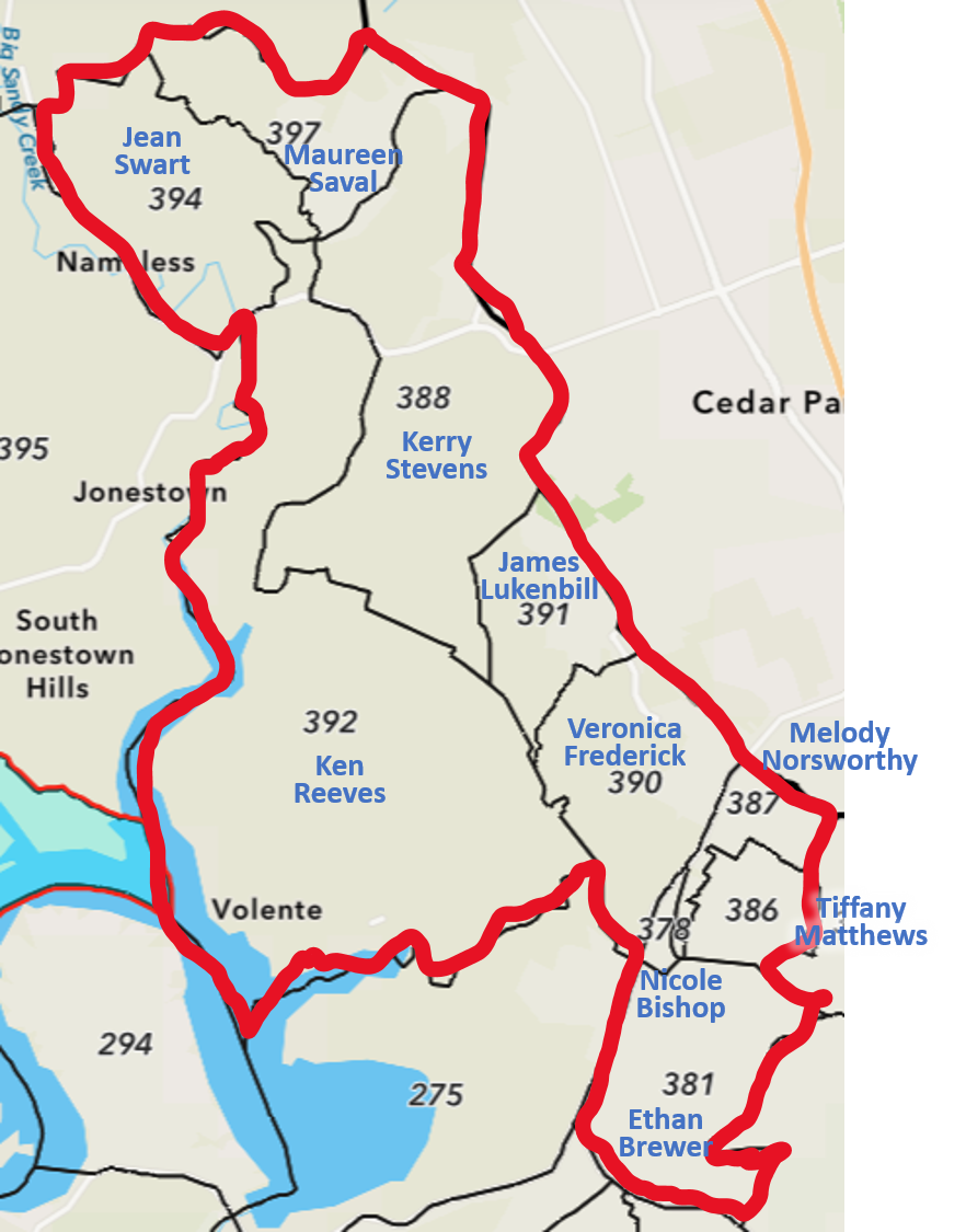 Map of the ten Far Northwest Democrats precincts in Travis County