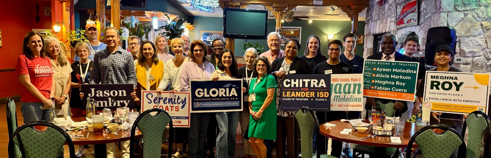 Far Northwest Democrats members with Leander ISD, Round Rock ISD and ACC board candidates at School Board Night, October 5, 2026, at Los Reyes Mexican Grill